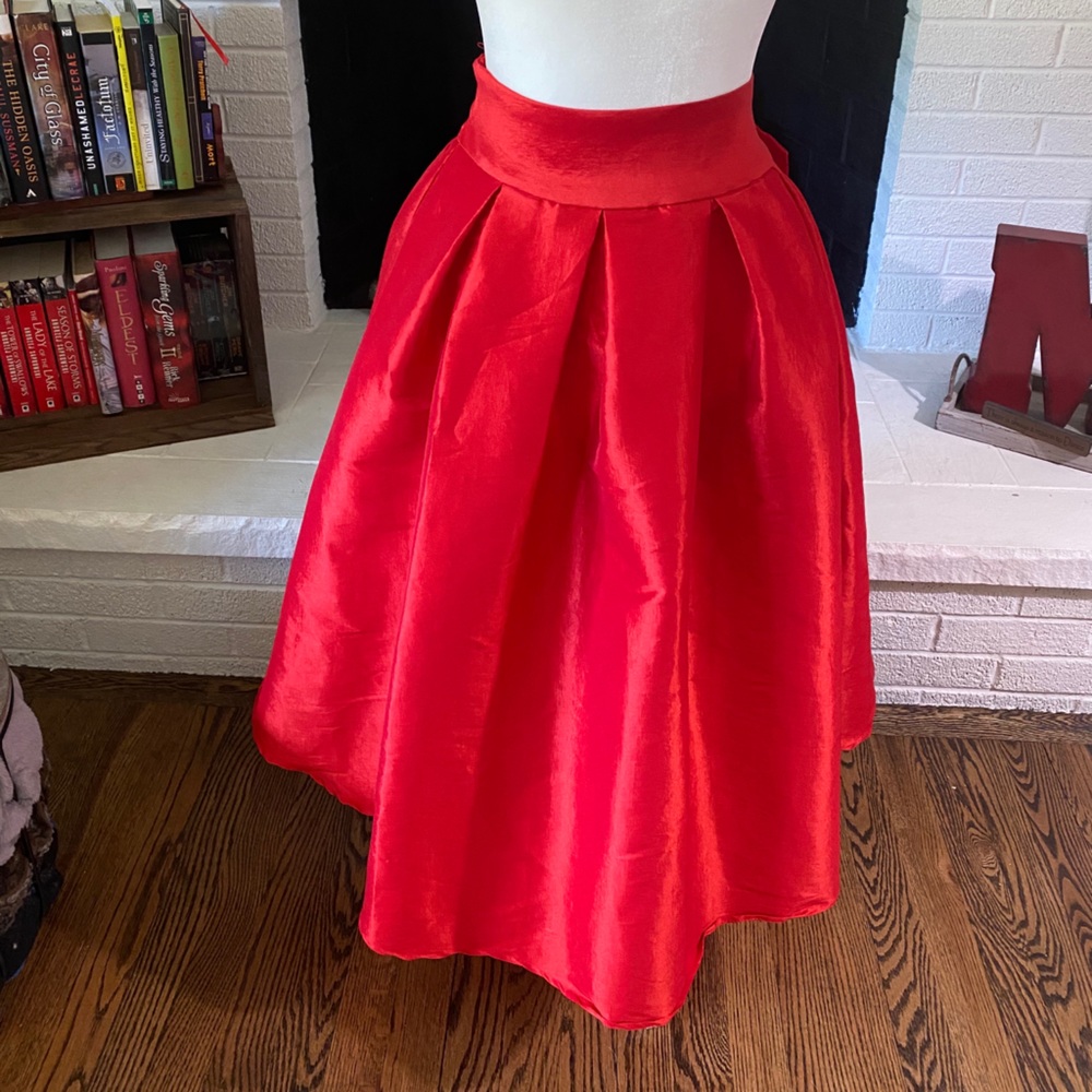 Red, tea length skirt